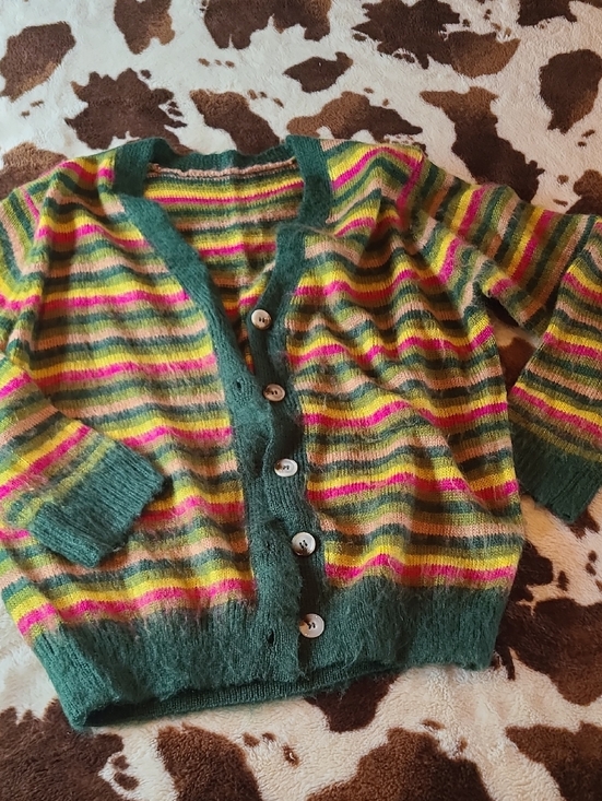 SHEIN Sweaters - SHEIN Multicolor Striped Knit Cardigan with Dark Green Trim